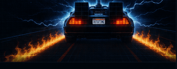 Retro time-machine sports car speeding into the grid, leaving fire trails and lightning